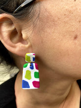 Load image into Gallery viewer, Maggie wearing Barcelona Angled Rectangle on right ear Barcelona Angled Rectangle + Square Stud  1 L x 0.125 W x 2 H 18K Gold Plated Surgical Steel Earring Posts Silicone backings by PInwheel Clay
