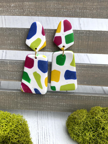 Barcelona Angled Rectangle + Tear Drop 1 L x 0.125 W x 2.5 H 18K Gold Plated Surgical Steel Earring Posts Silicone backings on display by Pinwheel Clay