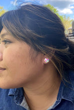 Load image into Gallery viewer, Ezrah wearing Barcelona Circle Stud on left ear Barcelona Stud Pack: Square + Circle 0.5 L x 0.1 W x 0.5 H Nickel + lead free posts Silicone backings by Pinwheel Clay
