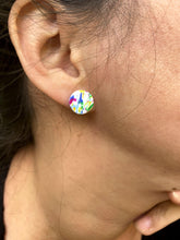 Load image into Gallery viewer, Maggie wearing Barcelona Circle Stud on right ear Barcelona Stud Pack: Square + Circle 0.5 L x 0.1 W x 0.5 H Nickel + lead free posts Silicone backings by Pinwheel Clay
