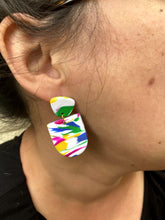 Load image into Gallery viewer, Maggie wearing Barcelona Marbled Arched Door on right ear Barcelona Marbled Arched Door 1 L x 0.125 W x 1.75 H 18K Gold Plated Surgical Steel Earring Posts Silicone backings by Pinwheel Clay
