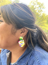 Load image into Gallery viewer, Ezrah wearing Barcelona Marbled Arched Door on left ear Barcelona Marbled Arched Door 1 L x 0.125 W x 1.75 H 18K Gold Plated Surgical Steel Earring Posts Silicone backings by Pinwheel Clay
