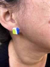 Load image into Gallery viewer, Maggie wearing Barcelona Square Stud on right ear Barcelona Stud Pack: Square + Circle 0.5 L x 0.1 W x 0.5 H Nickel + lead free posts Silicone backings by Pinwheel Clay
