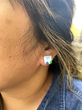 Load image into Gallery viewer, Ezrah wearing Barcelona Square Stud on left ear Barcelona Stud Pack: Square + Circle 0.5 L x 0.1 W x 0.5 H Nickel + lead free posts Silicone backings by Pinwheel Clay
