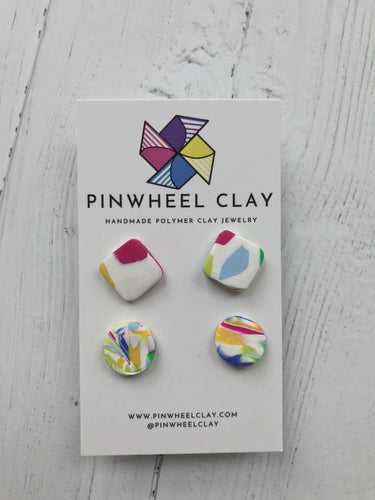Barcelona Stud Pack: Square + Circle 0.5 L x 0.1 W x 0.5 H Nickel + lead free posts Silicone backings on earring card by Pinwheel Clay