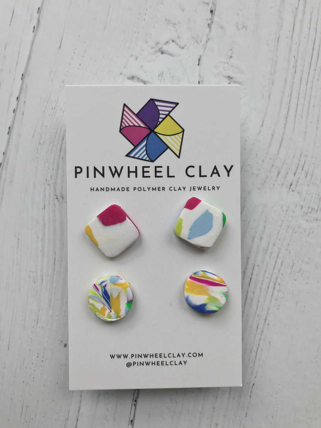Barcelona Stud Pack: Square + Circle 0.5 L x 0.1 W x 0.5 H Nickel + lead free posts Silicone backings on earring card by Pinwheel Clay