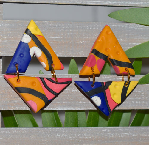 Cape Town Triangles  1.5 L x 0.125 W x 2 H 18K Gold Plated Surgical Steel Earring Posts Silicone backings on display by Pinwheel Clay
