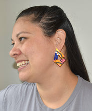 Load image into Gallery viewer, Maggie wearing Cape Town Triangles on left ear Cape Town Triangles  1.5 L x 0.125 W x 2 H 18K Gold Plated Surgical Steel Earring Posts Silicone backings by Pinwheel Clay
